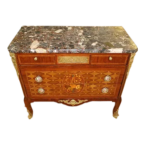 French Louis XVI Style Marble Top Bronze Mounted Inlaid Dresser Commode C 1920's