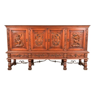 Antique Spanish Renaissance Revival Monumental Ornate Carved Walnut Sideboard or Bar Cabinet For Sale
