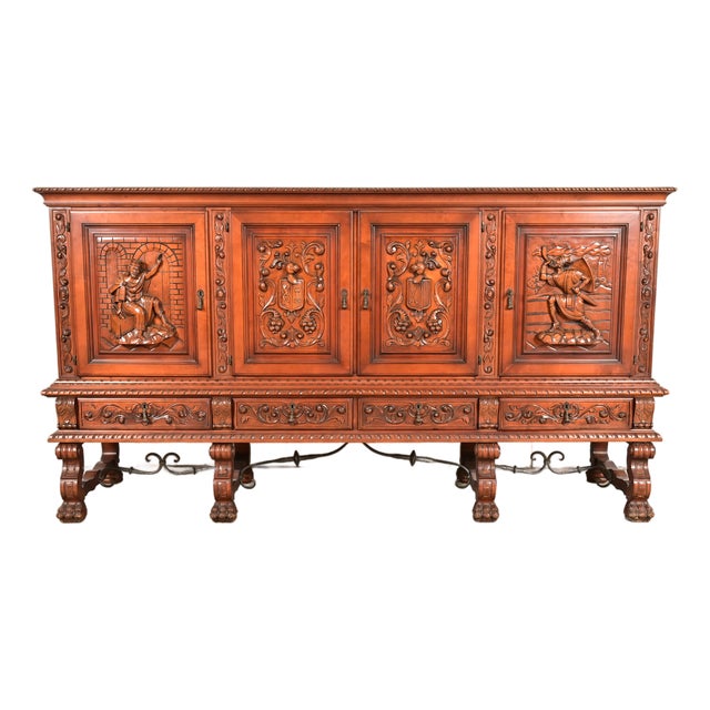 Antique Spanish Renaissance Revival Monumental Ornate Carved Walnut Sideboard or Bar Cabinet For Sale