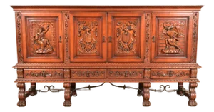 Antique Spanish Renaissance Revival Monumental Ornate Carved Walnut Sideboard or Bar Cabinet