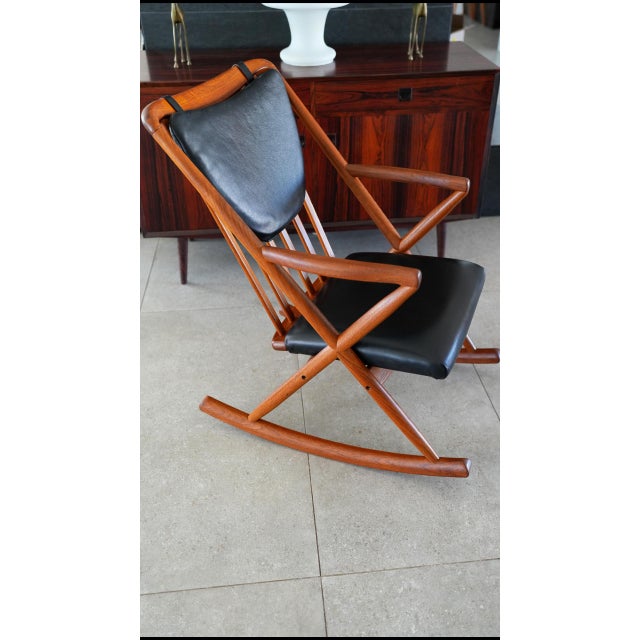 1960s Attributed to Benny Linden Danish Teak Rocking Chair | Reupholstered Black Leather For Sale - Image 4 of 13