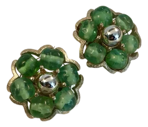 1950s Kramer Green Rhinestone Floral Earrings, A Pair