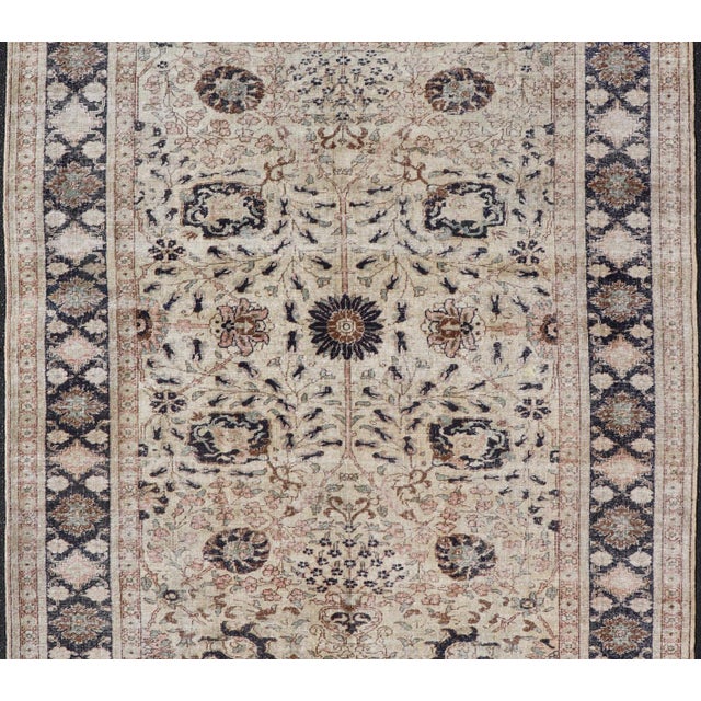 Measures: 6'2"X9'4" Vintage Turkish Sivas Rug With Intricate Floral Patterns in Ivory, Navy, and Brown 6'2"x9'4". Antique...
