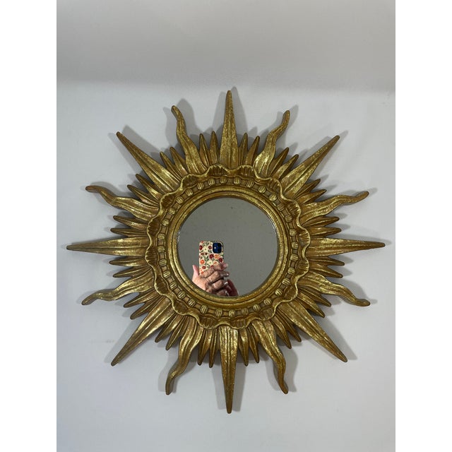1960s Vintage 16.5" French Style Gilded Resin Sunburst Wall Mirror For Sale - Image 5 of 16