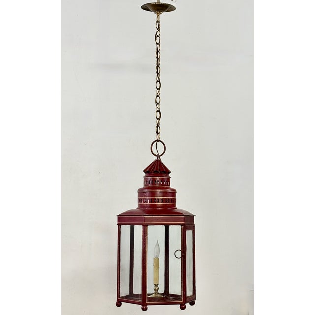 American Large Red Tole Painted Lantern Light Fixture, American 19th Century Circa 1840 For Sale - Image 3 of 5