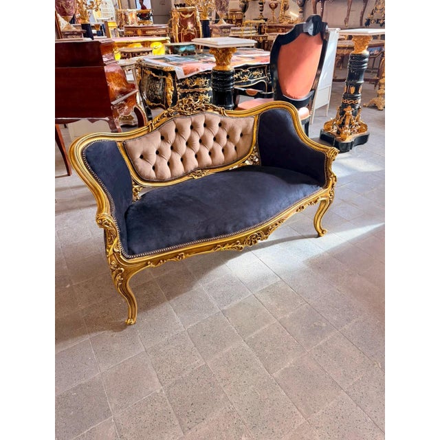 Textile Vintage Rococo Loveseat Black & Beige Velvet 55W For Sale - Image 7 of 10