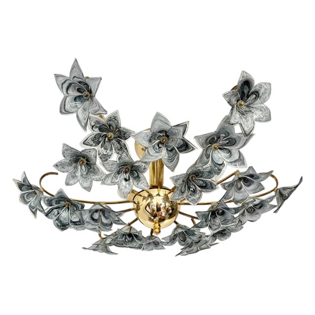 Gothic 1980s Rare Black Murano Style Glass Floral Chandelier | Gothic Romantic Flush Mount Ceiling Light For Sale - Image 3 of 17