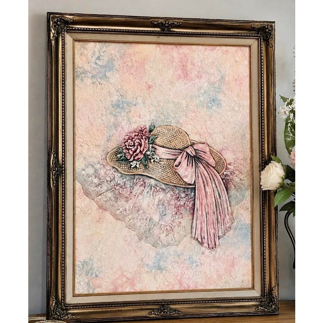 Vintage Floral Hat Wall Art Signed Cooper Textured Mixed Media Framed Artwork For Sale - Image 11 of 11