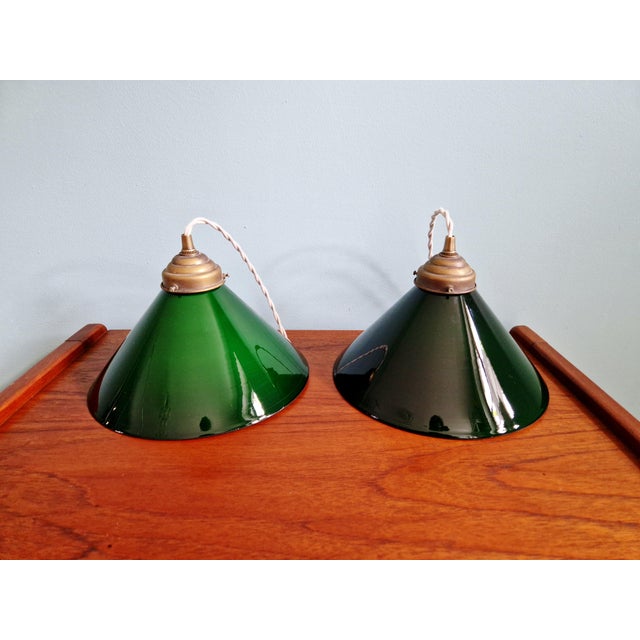 Art Deco Conical Green Opaline Glass Pendant Lights, Set of 2 For Sale - Image 12 of 14