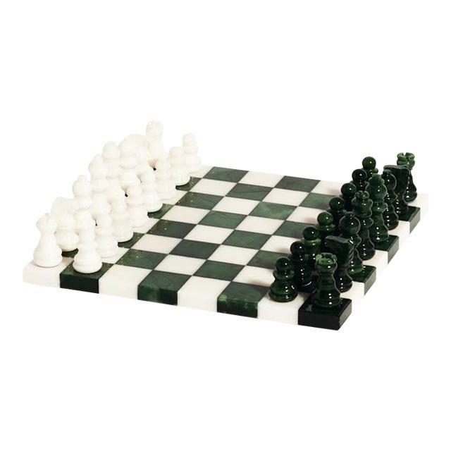 Italian Forest Green/White Small Alabaster Chess Set For Sale
