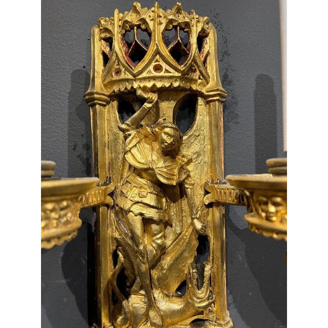 Metal Late 19th Century Caldwell Gothic St Michael Motif Sconces - a Pair For Sale - Image 7 of 9