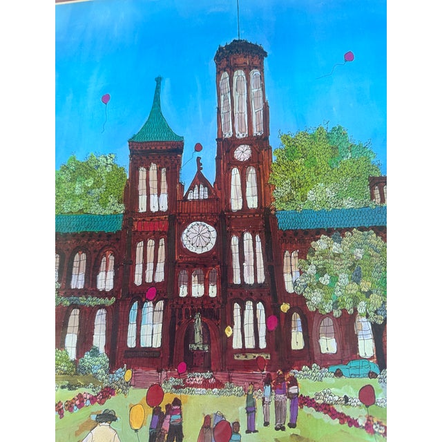 Large Framed Colorful Illustrated Artwork of Smithsonian by Susan Pear Meisel, 1970s For Sale - Image 4 of 12