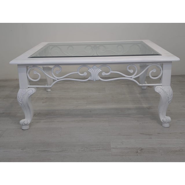 White Baroque Whitewashed Coffee Table with Beveled Glass For Sale - Image 8 of 11