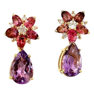 Bochic "Orient" Vintage Amethyst & Rose Rodorite Earrings -18K Gold & Silver For Sale