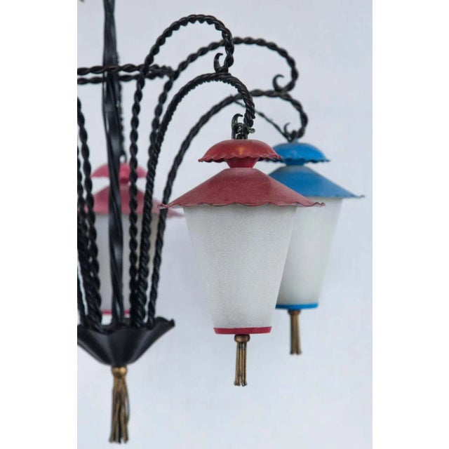 1950s Japanese Wrought Iron 5 Lanterns Chandelier For Sale - Image 4 of 11