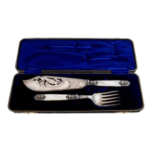 Antique Silver Plate and Mother of Pearled English Fish Fork and Knife Serving Set Boxed- 2 Pieces