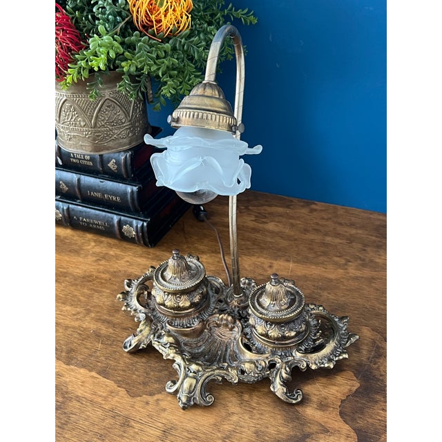 Rococo Antique Brass Desk Lamp With Frosted Glass For Sale - Image 3 of 18