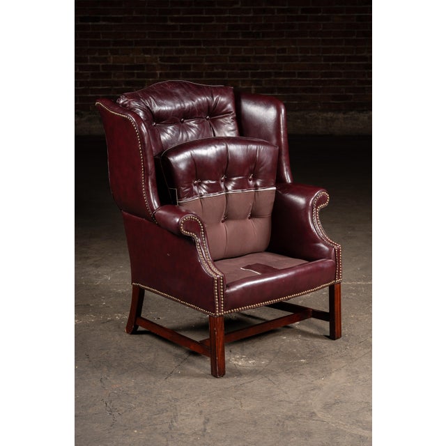 Mid 20th Century Tufted Leather Wingback Chesterfield Armchair With Ottoman in Oxblood For Sale - Image 10 of 15