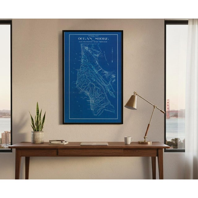 This vintage San Francisco map print features the Bay Area, Ocean Side, and Half Moon Bay in a charming blue and handdrawn...