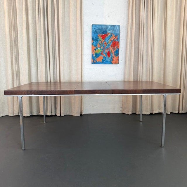 Swiss Mid-Century Modern Burl Walnut Chrome Extension Dining Table, John Stuart For Sale In New York - Image 6 of 15