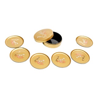 Vintage Mid Century Otagiri Japanese Gold Lacquerware Coasters With Caddy - 7 Pieces For Sale