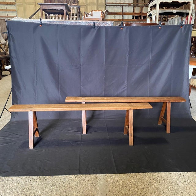 Antique French Provincial Farmhouse Walnut Trestle Base Benches -a Pair For Sale - Image 11 of 11