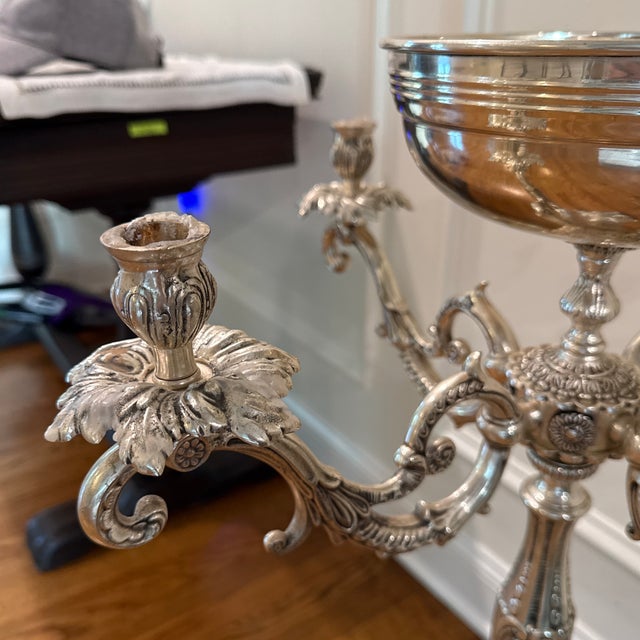 Rococo Pair of Ornate Rococo-Style Silver-Plated 5-Arm Candelabras With Epergne Bowl For Sale - Image 3 of 12