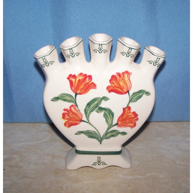 Mid-Century Modern Vintage Delft Green Handpainted Tulip 5 Finger Vase For Sale - Image 3 of 3