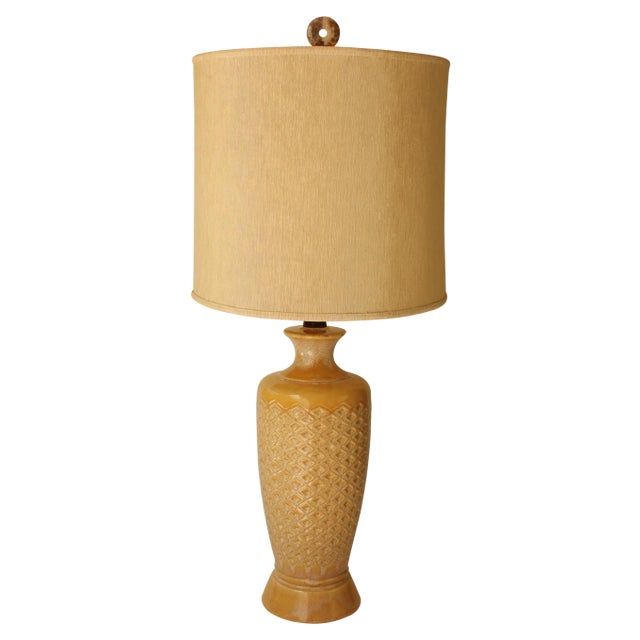 Crosshatch Mid-Century Ceramic Table Lamp With Mottled Glaze For Sale
