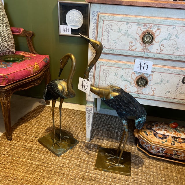 Vintage Boho Brass and Pewter Sculptural Crane Birds- A Pair For Sale - Image 12 of 12