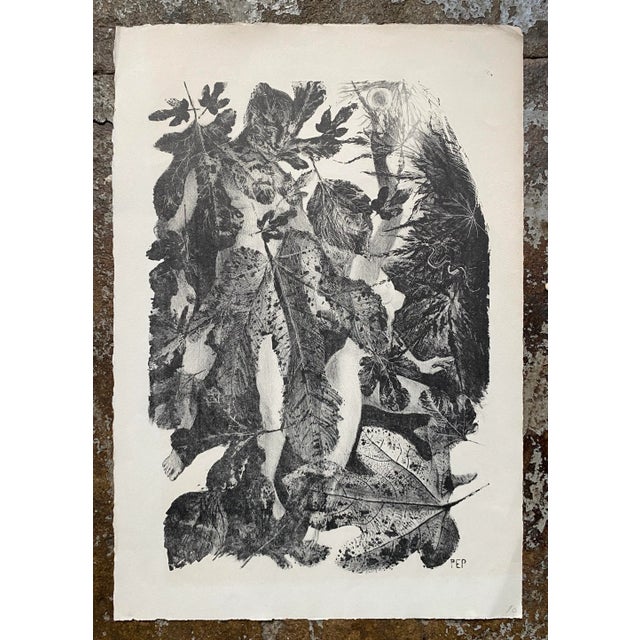 Abstracted Adam and Eve in the Garden of Eden (with a snake) lithograph. Signed PEP lower right in the plate.
