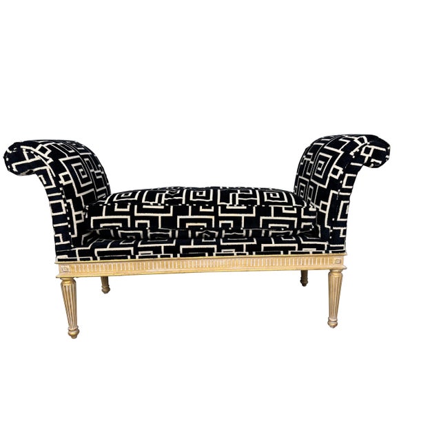 A Louis XVI–Style Scrolled Arm Benches with Modern Geometric Upholstery An elegant and visually striking pair of Louis...