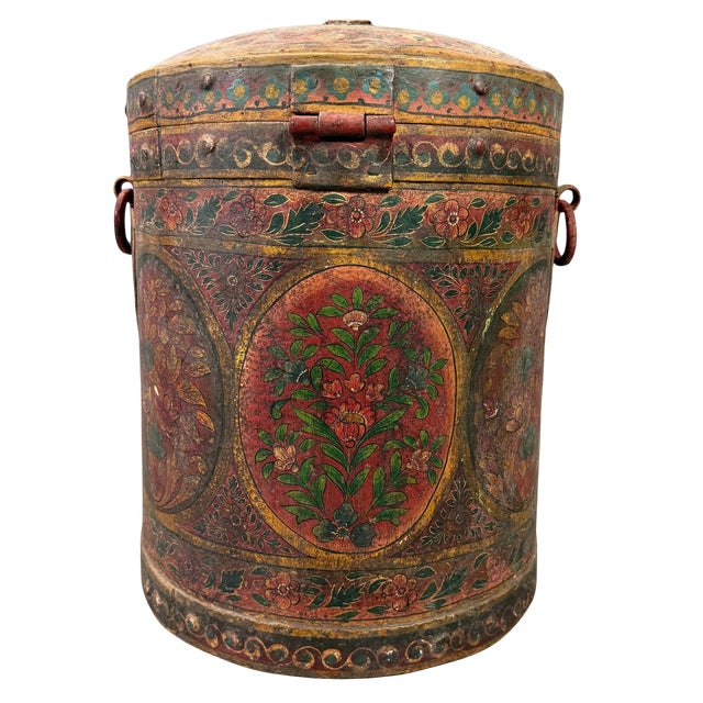 Antique Indonesian Handcrafted Metal Storage Vessel With Hand-Painted Floral Cartouches & Ornamental Hardware For Sale In Washington DC - Image 6 of 18