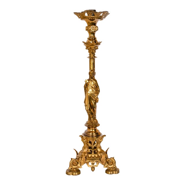 Large Antique French Gilt Bronze Gothic Altar Jesus Statue Griffin Candlestick For Sale In Portland, OR - Image 6 of 10