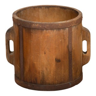 Vintage Chinese Grain Measuring Cup with Metal Braces and Lateral Handles For Sale