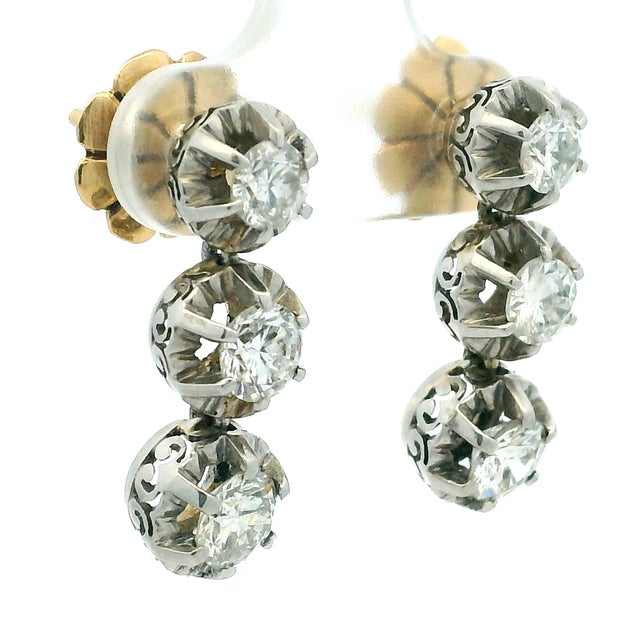 Vintage Platinum and 14k Gold 2 Carat Diamond Drop Earrings Circa 1950s, A Pair For Sale In Miami - Image 6 of 15