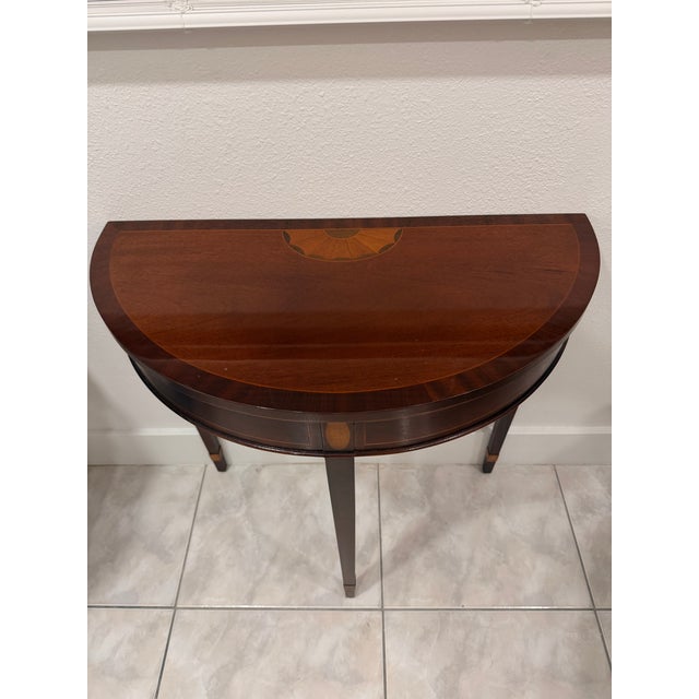 Traditional Baker Furniture Mahogany Inlaid Federal Style Demilune Table For Sale - Image 3 of 8