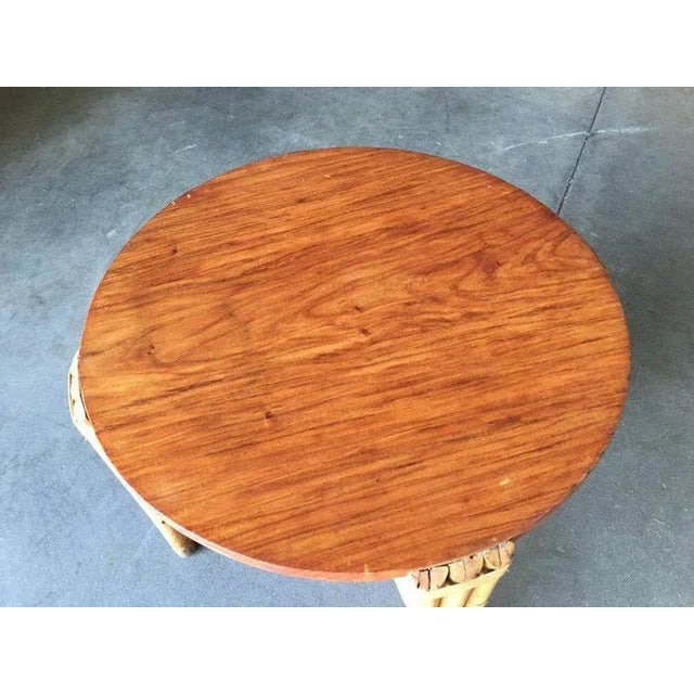 Restored Round Rattan Coffee Table W/ Mahogany Top For Sale In Los Angeles - Image 6 of 6