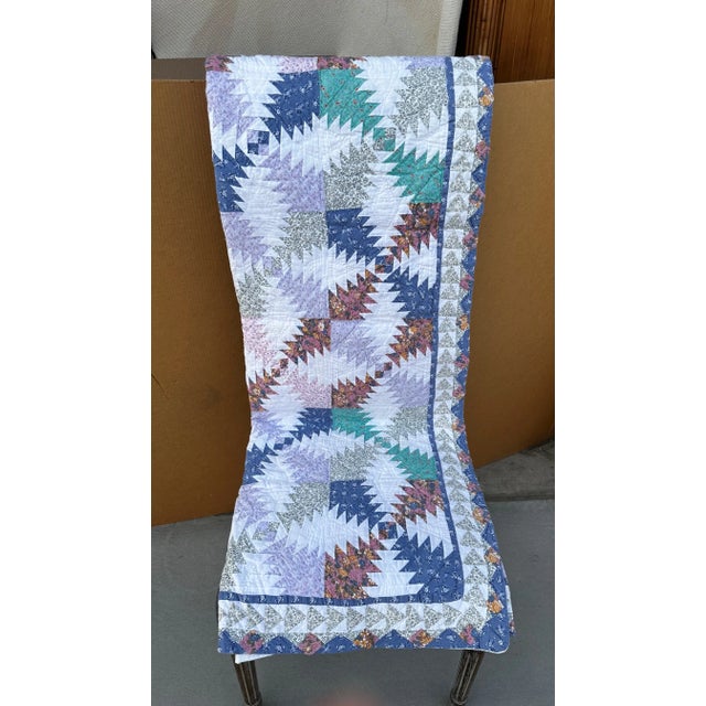Blue Vintage Handmade "Pineapple Pattern" Quilt For Sale - Image 8 of 9
