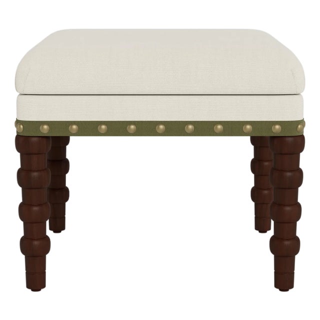 Bunny Williams Home Olive Tape Stool in Cream Performance Linen with Antique Brass Nailheads and Mahogany Legs For Sale