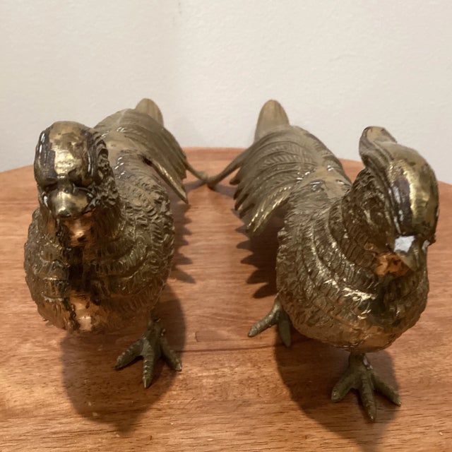Brass Vintage Mid 20th Century Large Solid Brass Male & Female Pheasant/Peacock Bird Figurines, Japan - a Pair For Sale - Image 8 of 13