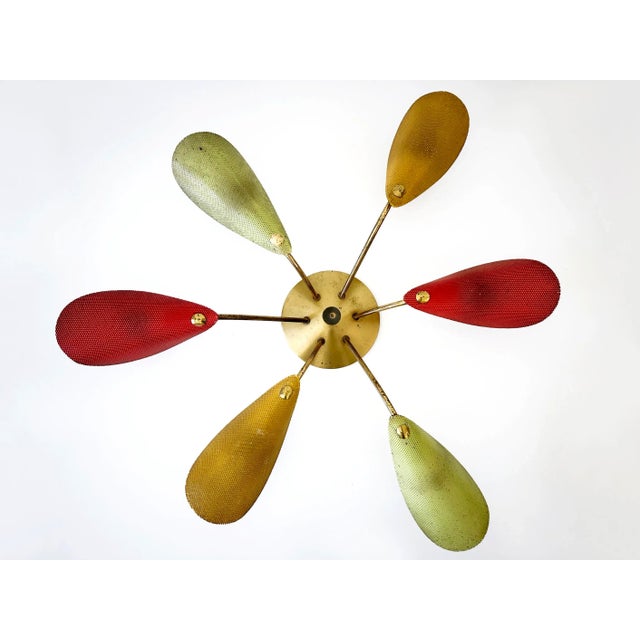 Mid-Century Modern Mid-Century Modern Perforated Metal and Brass Ceiling Lamp by Mathieu Matégot, 1950s For Sale - Image 3 of 18