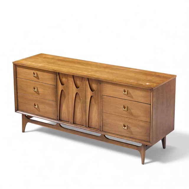 Broyhill Brasilia Mid Century Walnut and Brass Lowboy Dresser For Sale - Image 9 of 9