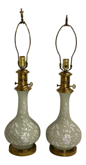 1940s French Green Glass Table Lamps With Flowers Design - Pair