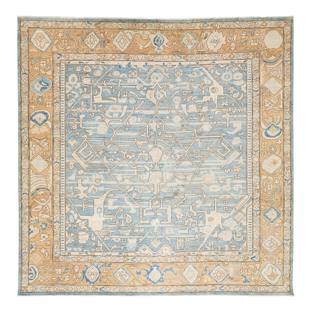 Contemporary Geometric Turkish-Inspired Wool Rug in Soft Blue and Beige 12x12 For Sale