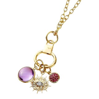 Syna Yellow Gold Three Charms Evil Eye Necklace with Gemstones and Diamonds For Sale