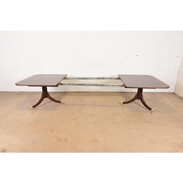 Baker Furniture Stately Homes Georgian Banded Mahogany Double Pedestal Extension Dining Table, Newly Refinished For Sale In South Bend - Image 6 of 14