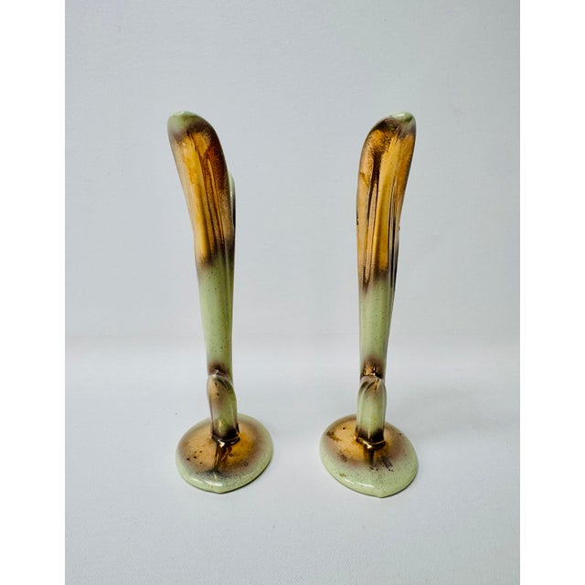 Pair 1950s Bud Vases Attributed to Bauer Pottery, Green and Gold For Sale - Image 6 of 10