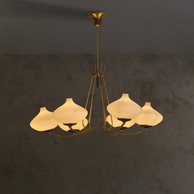 Mid-Century Modern Italian Brass + Opaline Glass Chandelier in the Manner of Stilnovo, 1950s For Sale - Image 3 of 12