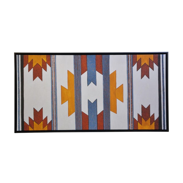 Late 20th Century Native Pecos Southwestern Navajo Geometric Textile Tribal Rug Oil Painting 42" For Sale